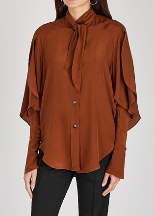 PETAR PETROV Brown silk crepe de chine blouse ~ ruffle sleeve blouses ~ autumn tones