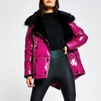 RIVER ISLAND Pink patent aviator faux fur puffer jacket ~ bright glossy winter jackets ~ shiny outerwear