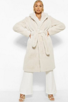 boohoo Plush Faux Fur Belted Robe Coat ~ cream self tie winter coats ~ luxe look outerwear - flipped