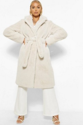 boohoo Plush Faux Fur Belted Robe Coat ~ cream self tie winter coats ~ luxe look outerwear