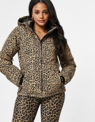 Protest Dallas leopard ski jacket in brown ~ hooded sportswear ~ sports jackets ~ ski wear ~ quilted ~ animal print ~ winter outerwear - flipped