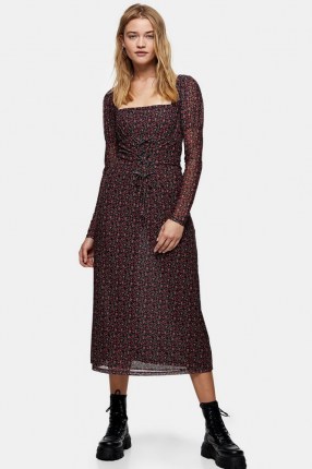TOPSHOP Red Rose Print Lace Long Sleeve Midi Dress / square neck floral dresses - flipped
