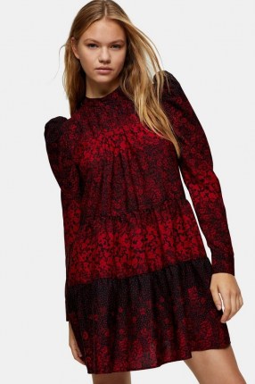 Topshop Red Tiered Mini Pintuck Dress | puff sleeve dresses - flipped