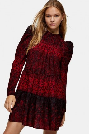 Topshop Red Tiered Mini Pintuck Dress | puff sleeve dresses