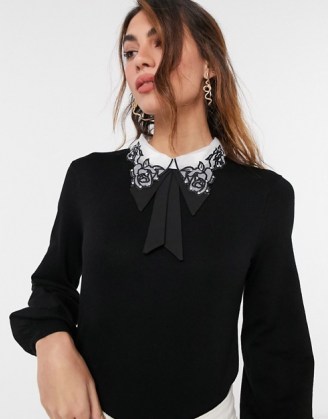 River Island collared balloon sleeve jumper in black – pointed floral collars – embellished jumpers - flipped
