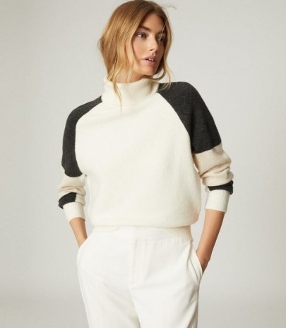 REISS ROMA COLOUR BLOCK JUMPER CAMEL / colourblock jumpers / roll neck sweater / knitwear - flipped