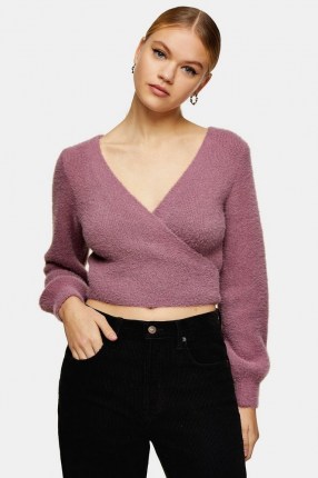 Topshop Rose Pink Fluffy Ballet Wrap Knitted Top | feminine knits