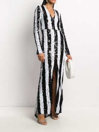 ROTATE sequin-embellished striped maxi dress – glamorous monochrome stripes – evening glamour – sparkling occasion dresses - flipped