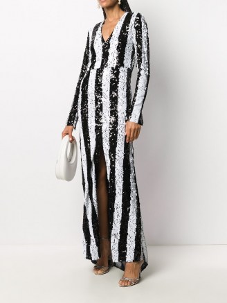ROTATE sequin-embellished striped maxi dress – glamorous monochrome stripes – evening glamour – sparkling occasion dresses