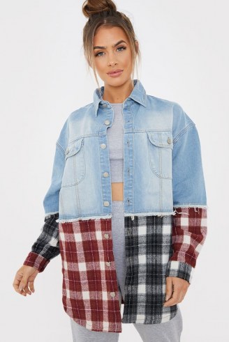 SAFFRON BARKER OVERSIZED DENIM HERITAGE CHECK SPLICED SHACKET – checked shackets – casual weekend style - flipped
