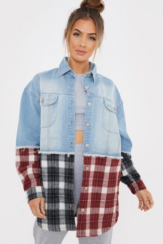 SAFFRON BARKER OVERSIZED DENIM HERITAGE CHECK SPLICED SHACKET – checked shackets – casual weekend style