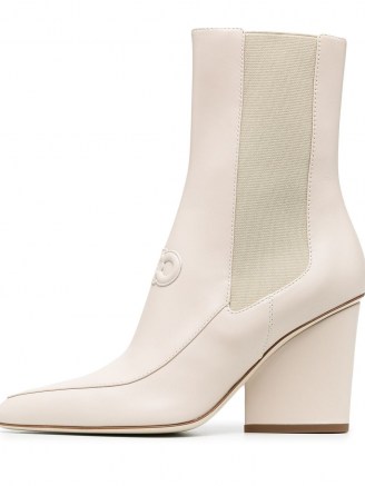 Salvatore Ferragamo Gancini booties in bone-white / contemporary block heel ankle boot - flipped