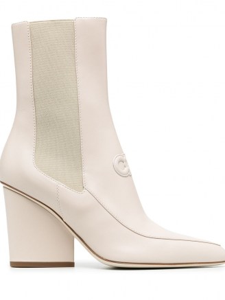 Salvatore Ferragamo Gancini booties in bone-white / contemporary block heel ankle boot