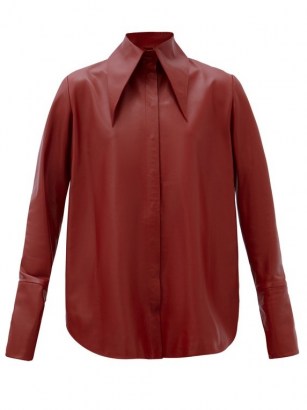 16ARLINGTON Seymour spearpoint-collar leather shirt in burgundy ~ oversized pointed collars ~ luxe dark red shirts