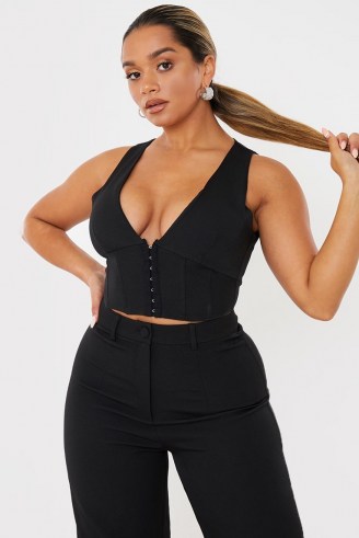 SHAUGHNA PHILLIPS BLACK CORSET CO-ORD CROP TOP – plunge front evening tops - flipped