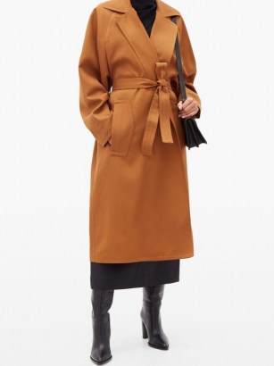 ROCHAS Single-breasted belted wool coat in tan-brown ~ waist tie wrap coats