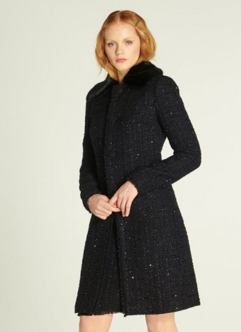 LK BENNETT SPARKLE BLACK LUREX TWEED COAT / glittering faux fur collar coats / glam winter outerwear - flipped