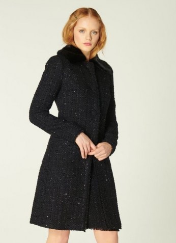 LK BENNETT SPARKLE BLACK LUREX TWEED COAT / glittering faux fur collar coats / glam winter outerwear
