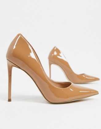 Steve Madden Vala pointed heeled shoe in camel ~ brown patent courts ~ stiletto court shoes