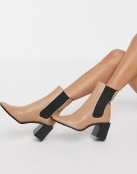 Stradivarius setback heeled boots in honey – beige winter footwear – chunky block heel