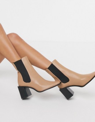 Stradivarius setback heeled boots in honey – beige winter footwear – chunky block heel - flipped