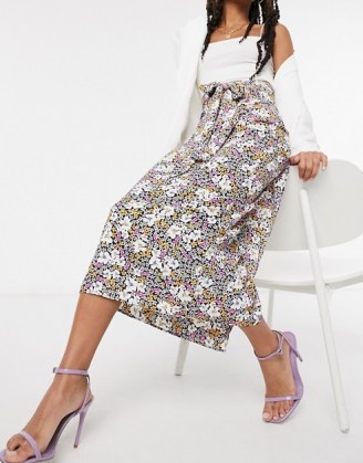 Style Cheat tie waist midi skirt co ord in ditsy floral print / high rise flower printed skirts - flipped