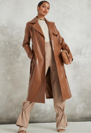 MISSGUIDED tall tan croc faux leather belted trench coat – autumn style – brown crocodile look coats - flipped