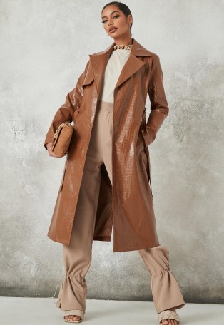 MISSGUIDED tall tan croc faux leather belted trench coat – autumn style – brown crocodile look coats