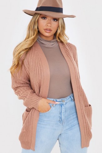 IN THE STYLE TAN CHUNKY OPEN FRONT CARDIGAN WITH POCKETS ~ cardigans ~ knitwear - flipped
