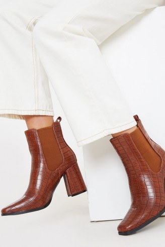IN THE STYLE TAN CROC HEELED ANKLE BOOTS