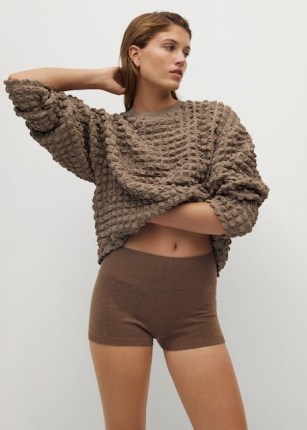 MANGO POMPAS Textured sweater ~ brown round neck sweaters - flipped