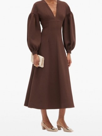 EMILIA WICKSTEAD Tiege balloon-sleeve wool-crepe midi dress in chocolate brown | voluminous sleeves | deep V neck dresses - flipped