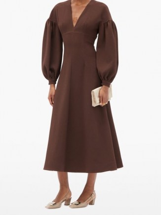 EMILIA WICKSTEAD Tiege balloon-sleeve wool-crepe midi dress in chocolate brown | voluminous sleeves | deep V neck dresses