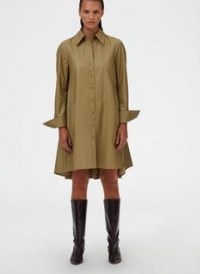 Tibi Tissue Faux Leather Shirt Dress in Light Loden