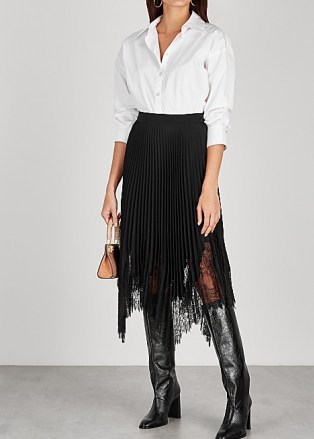 TORY BURCH Black lace-trimmed pleated midi skirt / feminine black semi sheer skirts / handkerchief hemline