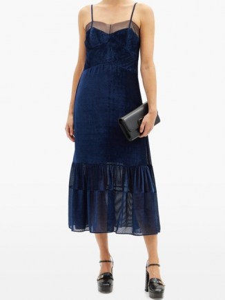 FENDI Tulle-trimmed devoré-velvet dress ~ navy-blue spaghetti strap dresses - flipped