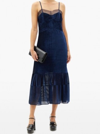 FENDI Tulle-trimmed devoré-velvet dress ~ navy-blue spaghetti strap dresses