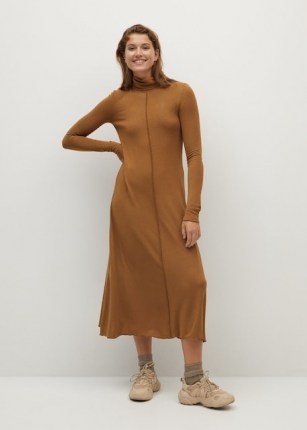 MANGO ALMI Turtle neck knit dress ~ brown high neck dresses ~ neutral knits - flipped