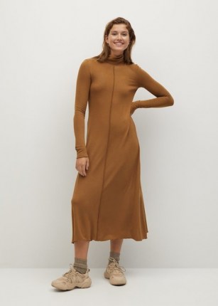 MANGO ALMI Turtle neck knit dress ~ brown high neck dresses ~ neutral knits