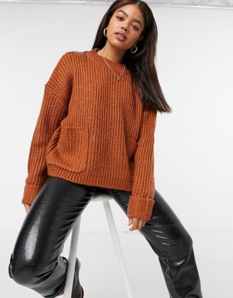 Urban Bliss mock neck knitted pocket jumper in rust | orange-brown relaxed fit jumpers | drop shoulder sweater - flipped