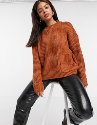 Urban Bliss mock neck knitted pocket jumper in rust | orange-brown relaxed fit jumpers | drop shoulder sweater