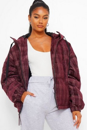 boohoo Velvet Check Puffer Jacket in Wine ~ checked winter jackets - flipped