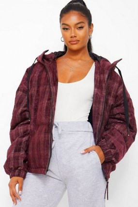 boohoo Velvet Check Puffer Jacket in Wine ~ checked winter jackets