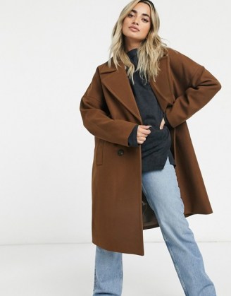 Vero Moda Petite tailored coat in brown ~ double breasted slouchy-cut coats - flipped