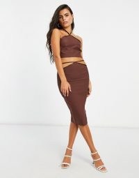 Vesper Petite cut out midi pencil skirt in chocolate | bodycon skirts