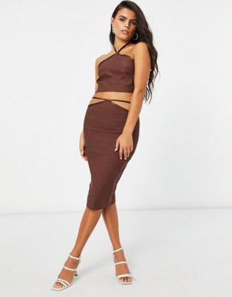 Vesper Petite cut out midi pencil skirt in chocolate | bodycon skirts - flipped