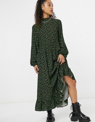 Vintage Supply maxi smock dress with tie neck in green smudge print / retro relaxed fit frill hem dresses / spot – splodge prints - flipped