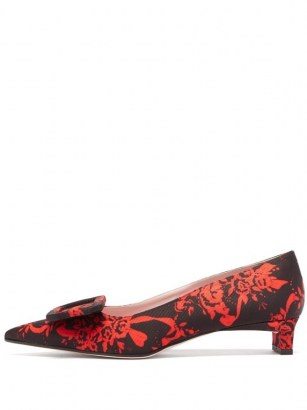 EMILIA WICKSTEAD Viviene buckle point-toe floral-brocade pumps / black and red flower print courts / kitten heel court shoes - flipped