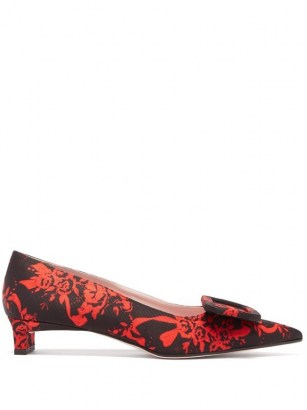 EMILIA WICKSTEAD Viviene buckle point-toe floral-brocade pumps / black and red flower print courts / kitten heel court shoes
