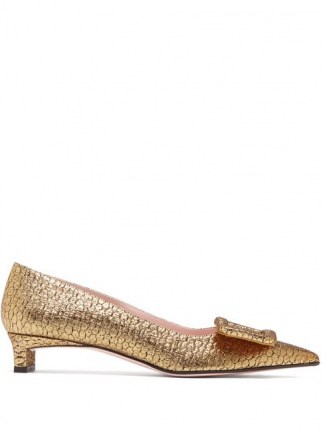 EMILIA WICKSTEAD Viviene buckle point-toe lamé-jacquard pumps in gold / shimmering low heel evening shoes